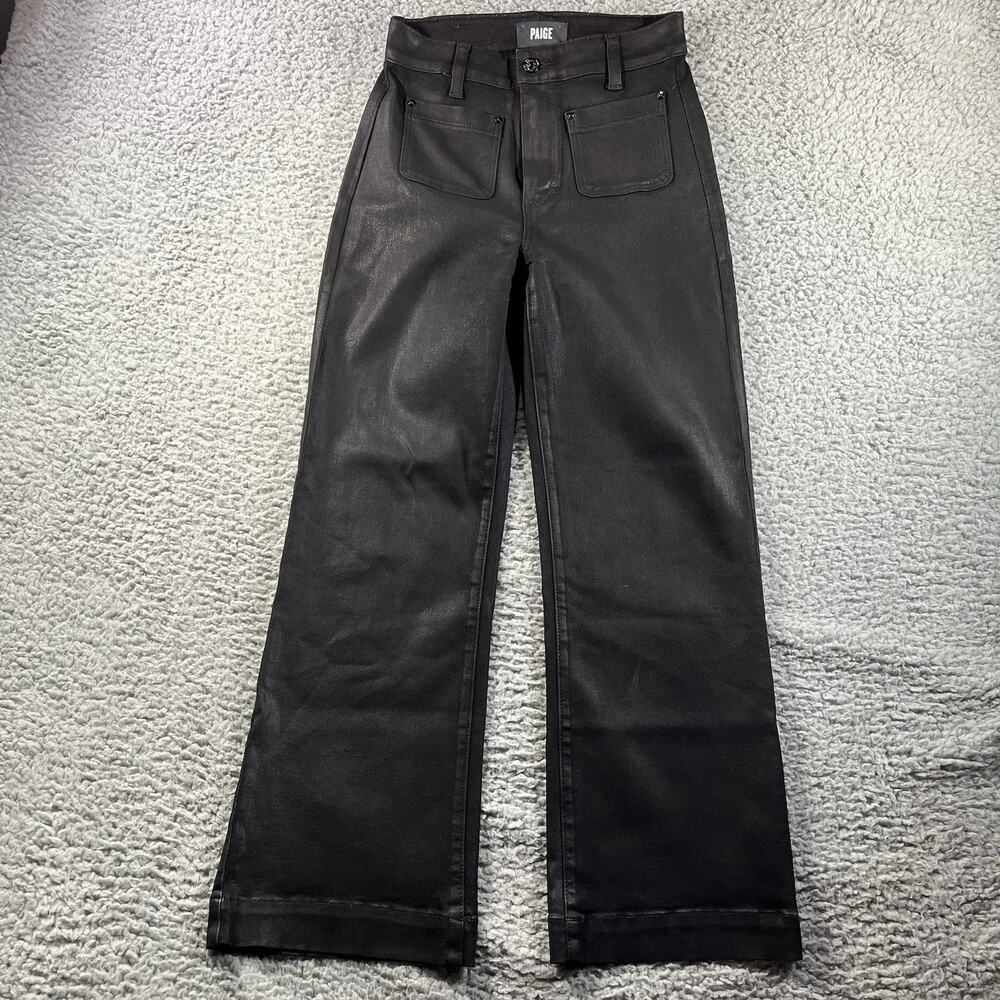 PAIGE Leenah Coated Black Wide Leg Jeans High Rise Patch Pocket Size 26x28